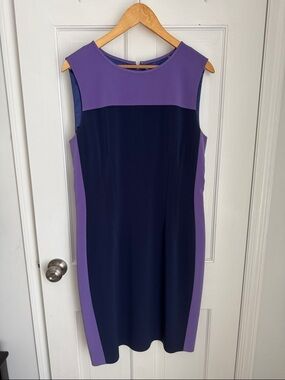 Elie Tahari Purple and Navy Sleeveless Colorblock Midi Dress